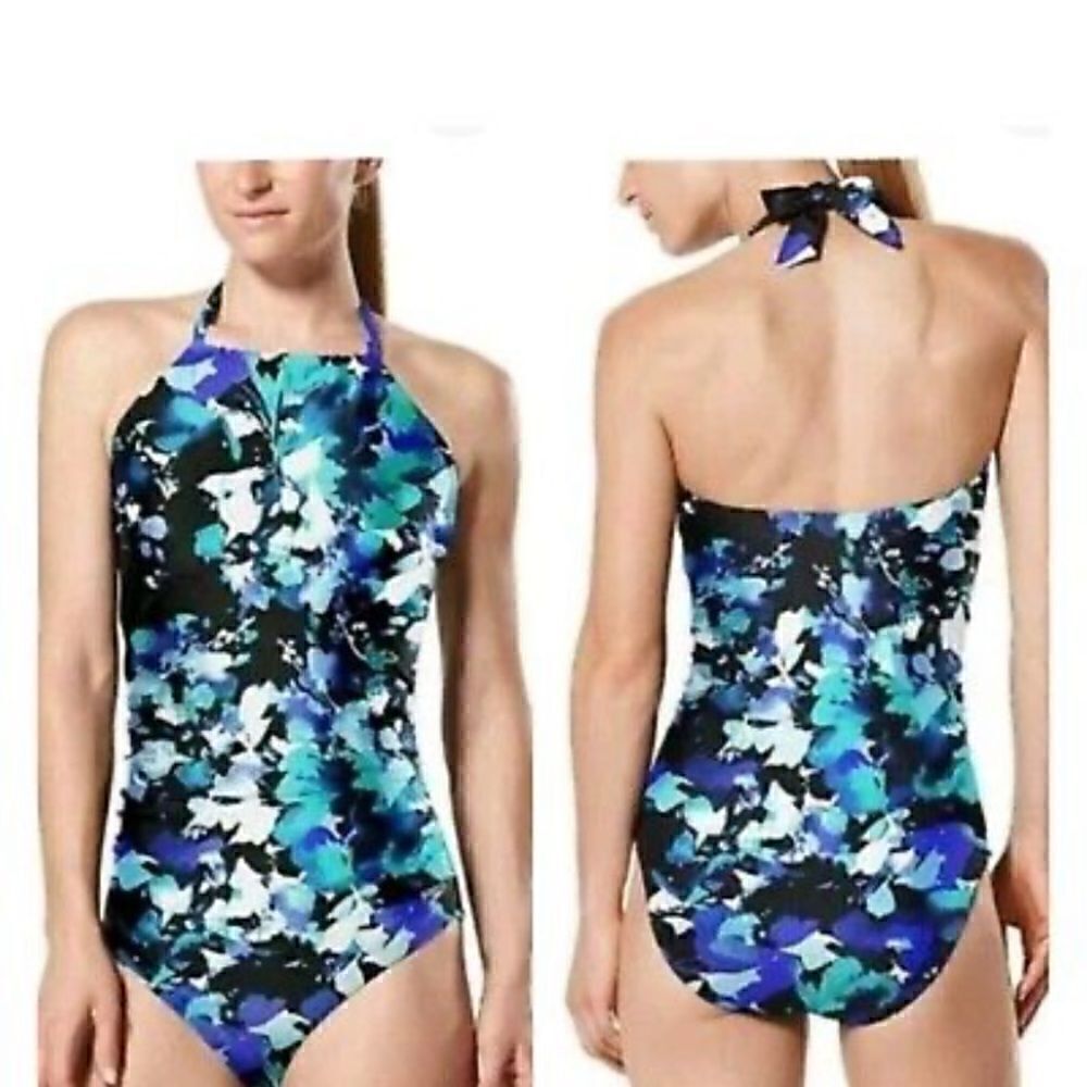 Speedo Floral High Neck Keyhole Floral One Piece Swimsuit Size Small